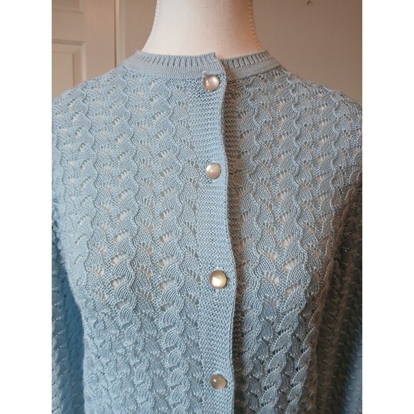 VTG BRITISH VOGUE CARDIGAN SWEATER WOMENS SMALL BLUE KNIT LACED BUTTON UP - Picture 5 of 16